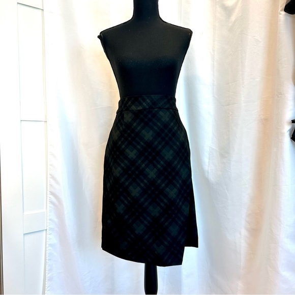 PREMISE Studio black green plaid check asymmetrical side zipper pencil skirt Sz4 - Picture 3 of 13